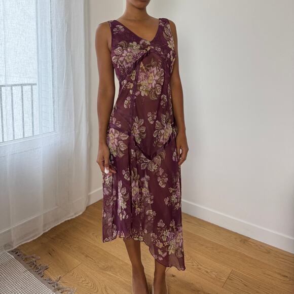 Italian Vintage Semi-Sheer Chiffon Bias-Cut Floral Midi Dress (M/L) - Picture 7 of 9